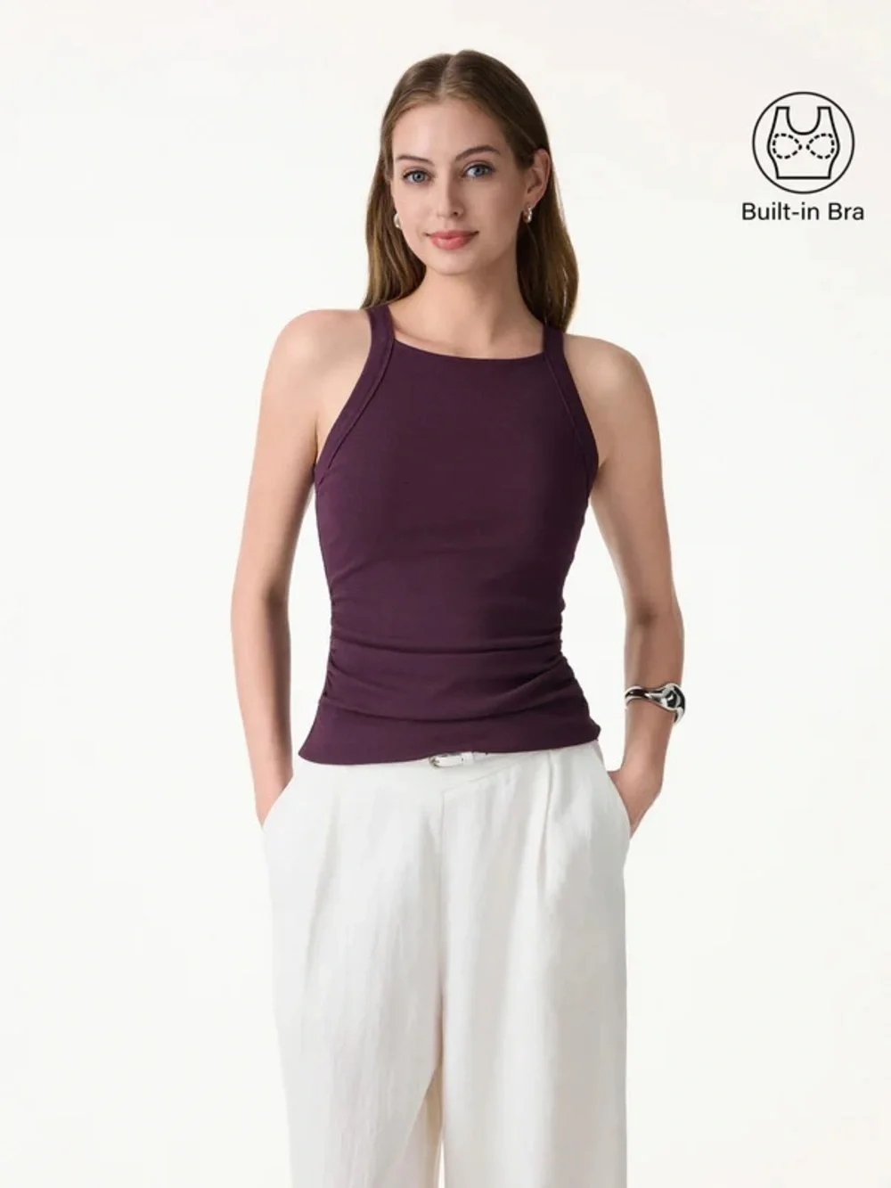 OGL Plantive Chic Square Neck Ruched Rib Bra Tank - Picture 1 of 2